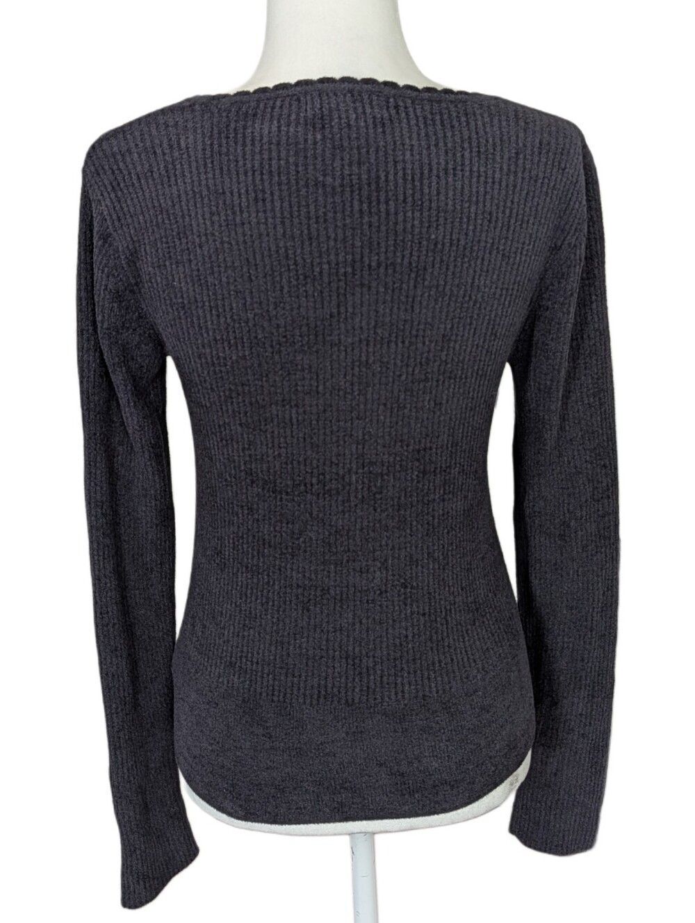 Barefoot Dreams CozyChic Ultra Lite Black Ribbed Scallop Neck Sweater Size Small - Picture 6 of 14